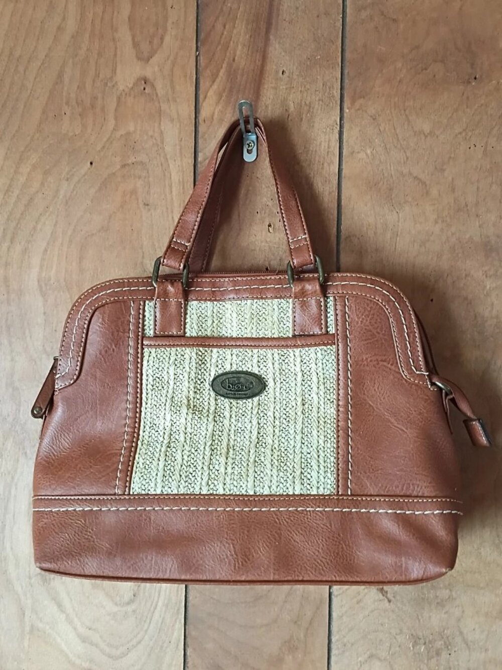 b.o.c. Born Concept Brown Faux Leather Woven Straw Satchel Handbag Boho Purse